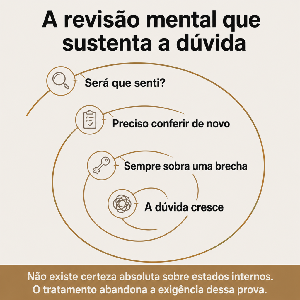 Espiral da checagem mental no TOC pós-parto: a pessoa se pergunta se sentiu algo, confere de novo, encontra sempre uma brecha, e a dúvida cresce a cada volta em vez de se encerrar.