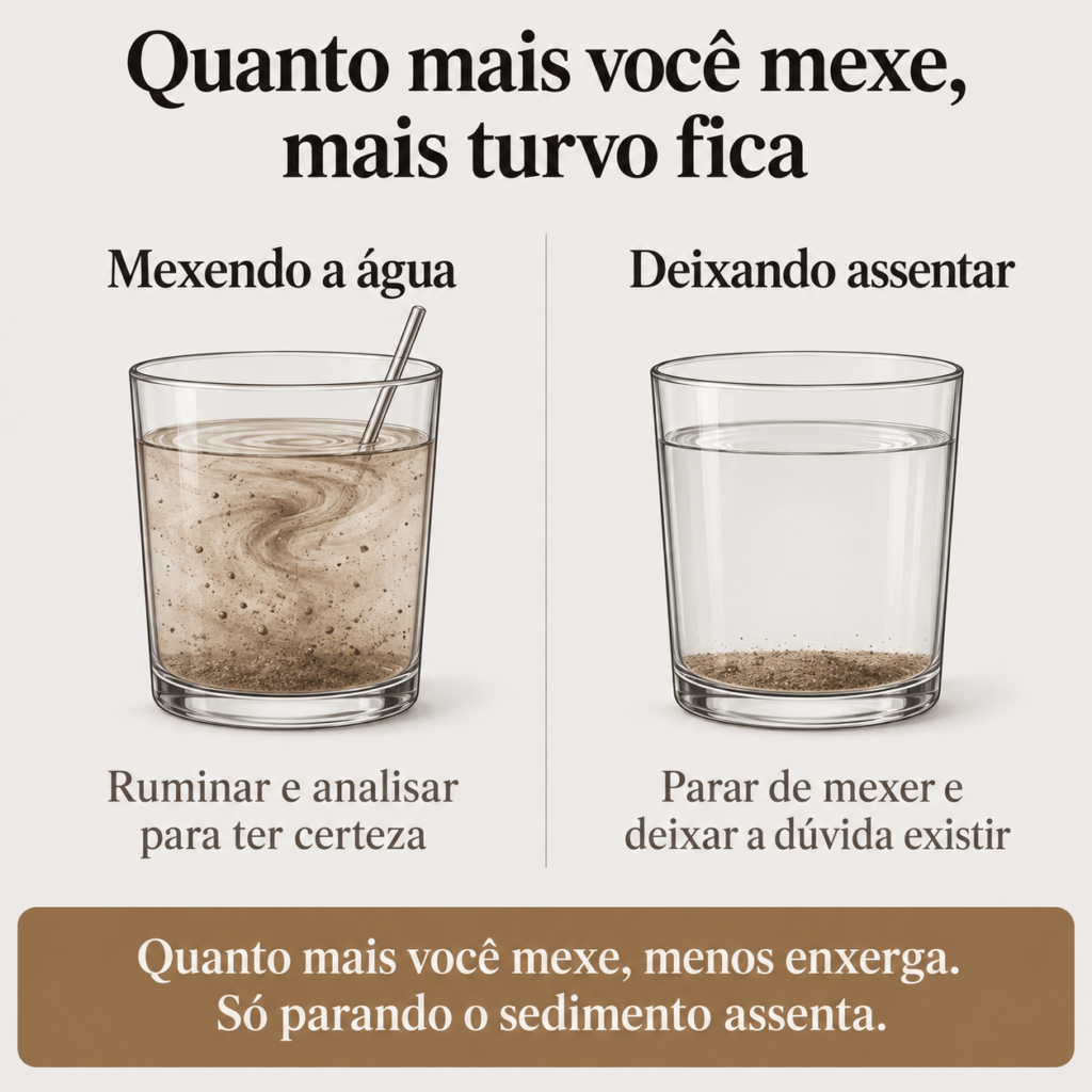 Infográfico em dois painéis com um recipiente de água e sedimento: à esquerda, mexer a água a deixa turva, representando ruminar, e à direita, parar de mexer deixa o sedimento assentar e a água clareia.