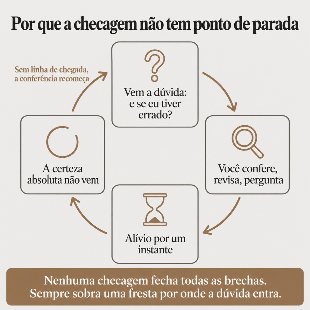 Diagrama circular com quatro etapas: vem a dúvida, você confere e revisa, alívio por um instante, a certeza absoluta não vem, e uma seta que reinicia o ciclo porque não existe linha de chegada.