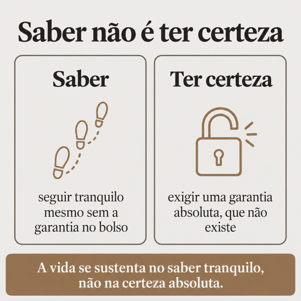 Infográfico em dois cartões: saber é seguir tranquilo mesmo sem garantia, representado por pegadas que avançam, e ter certeza é exigir uma garantia absoluta que não existe, representada por um cadeado que não fecha.