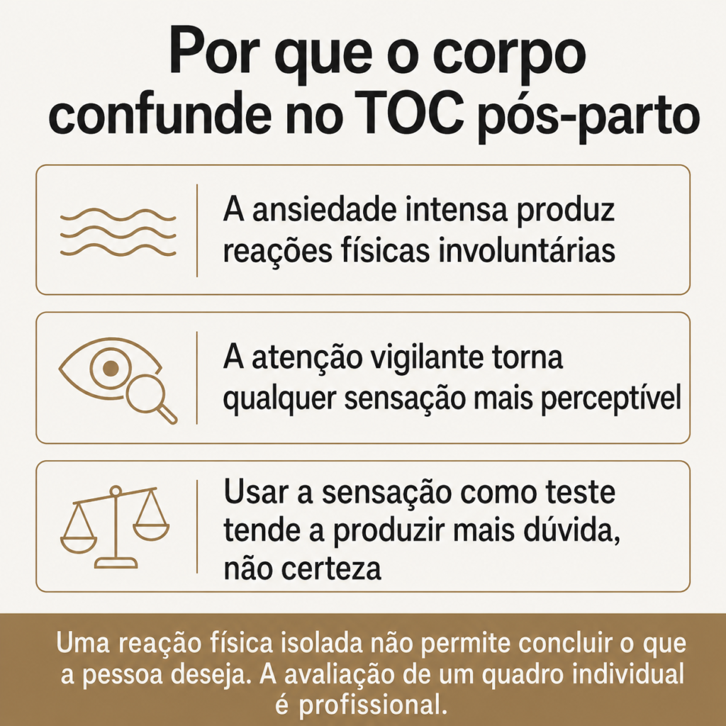 Infográfico sobre TOC pós-parto: ansiedade produz reações físicas involuntárias, a atenção vigilante amplifica sensações e usá-las como teste produz mais dúvida