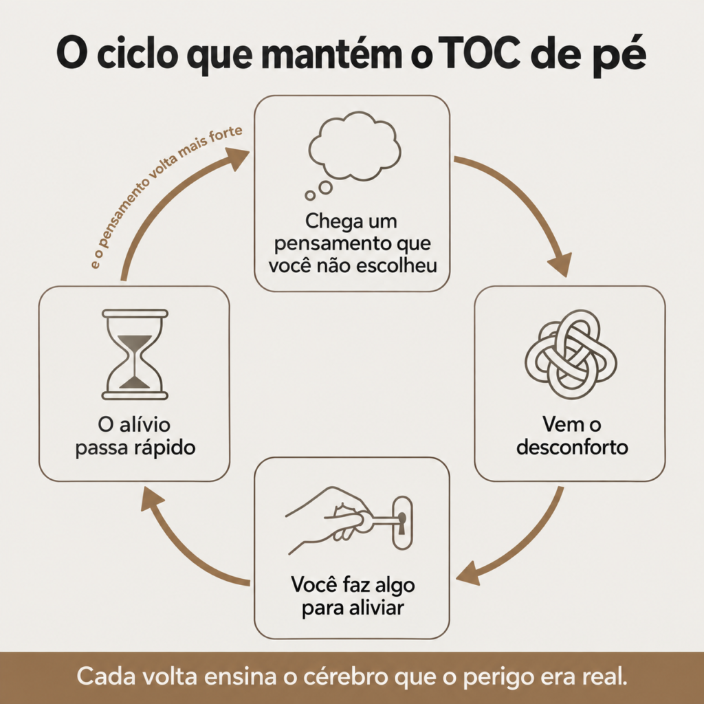 Chega um pensamento indesejado, vem o desconforto, a pessoa faz algo para aliviar, o alívio dura pouco e o pensamento volta, e é essa volta que mantém o ciclo do TOC funcionando.