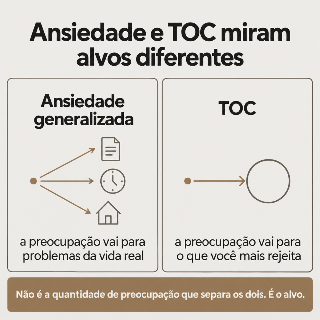 Na ansiedade generalizada a preocupação aponta para problemas reais da vida, como contas e trabalho, enquanto no TOC ela aponta para aquilo que a pessoa mais rejeita, e é o alvo que separa os dois quadros, não a quantidade de preocupação.