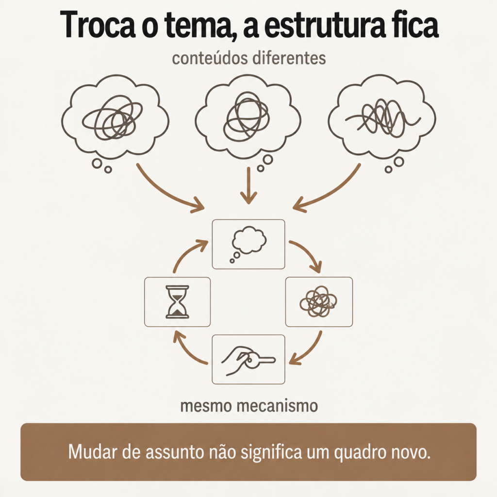 Três conteúdos de pensamento diferentes alimentam o mesmo ciclo desenhado embaixo, mostrando que quando o TOC troca de tema a estrutura permanece a mesma e não se trata de um quadro novo.