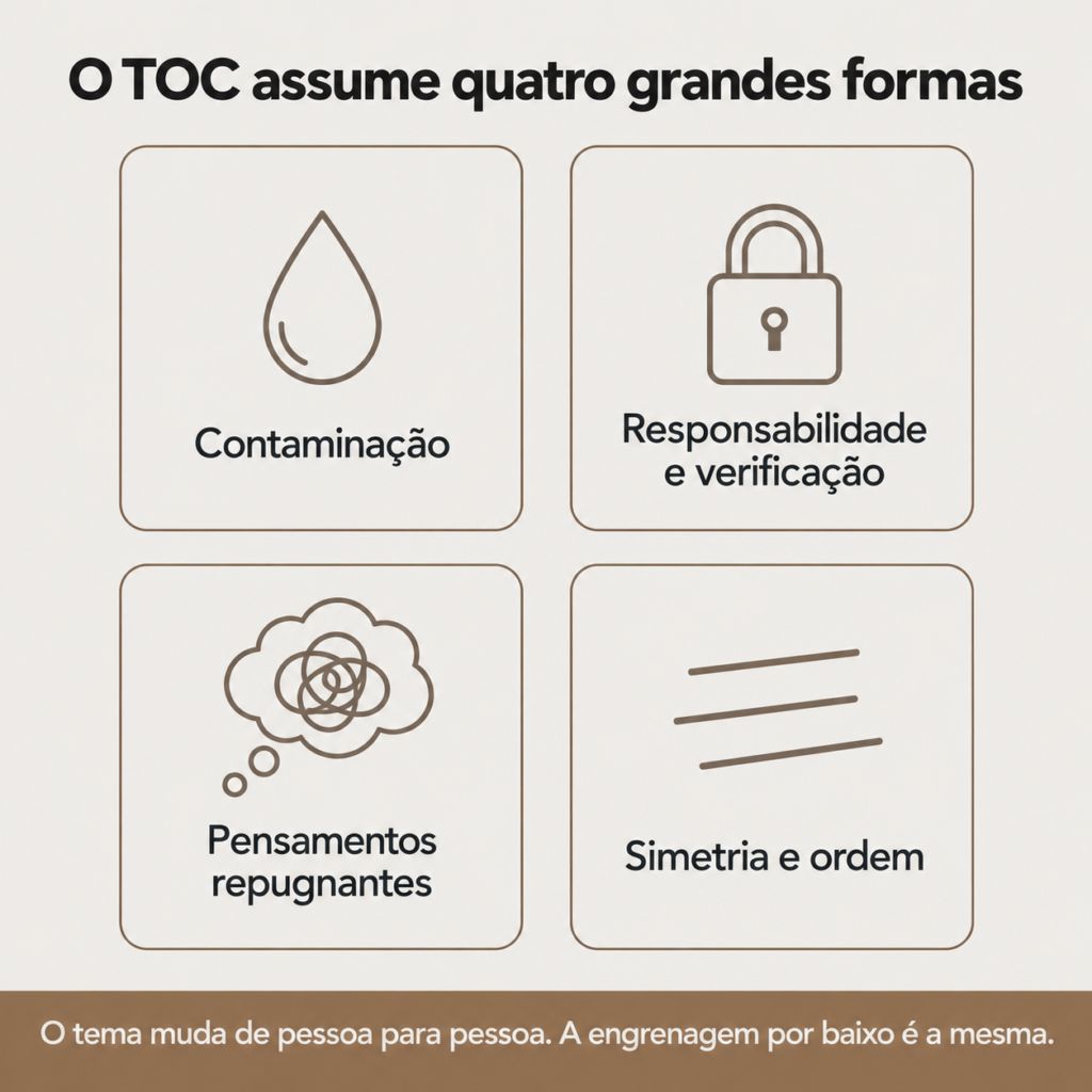 As quatro famílias de sintoma do TOC aparecem lado a lado, contaminação, responsabilidade e verificação, obsessões repugnantes e simetria, mostrando que o tema muda de pessoa para pessoa enquanto o mecanismo por baixo permanece o mesmo.