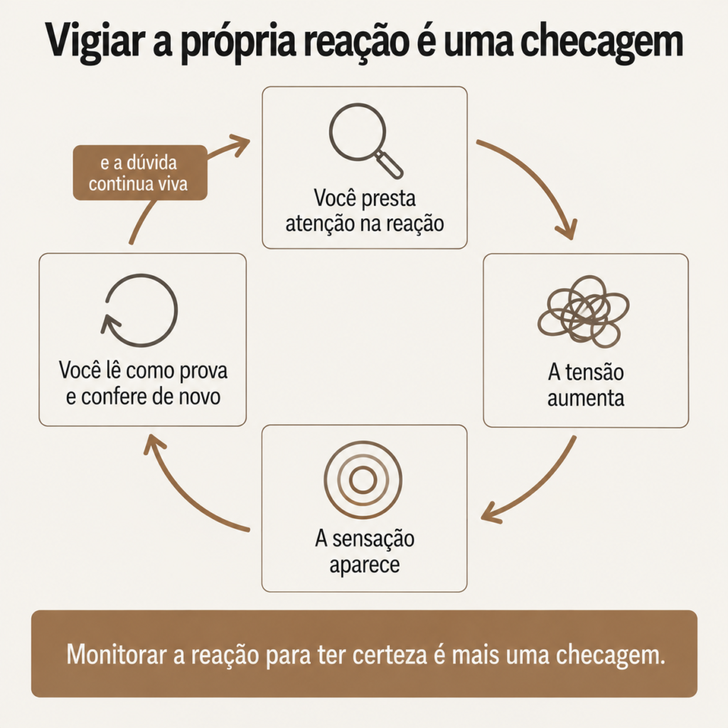Vem o pensamento sexual, a pessoa faz um ritual mental de revisão, de conferência do corpo ou de busca de garantia para aliviar, o alívio dura pouco e reforça o ciclo, mostrando que existe compulsão, só que mental.
